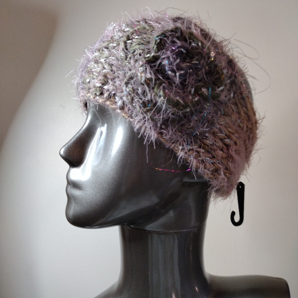 NWOT D&Y Purple Green Knit Sequin Embellished Flower Buttoned Headband Earwarmer